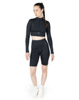 Coal Black Long Sleeve High Neck Zip Crop top & Biker Shorts Co Ord Set