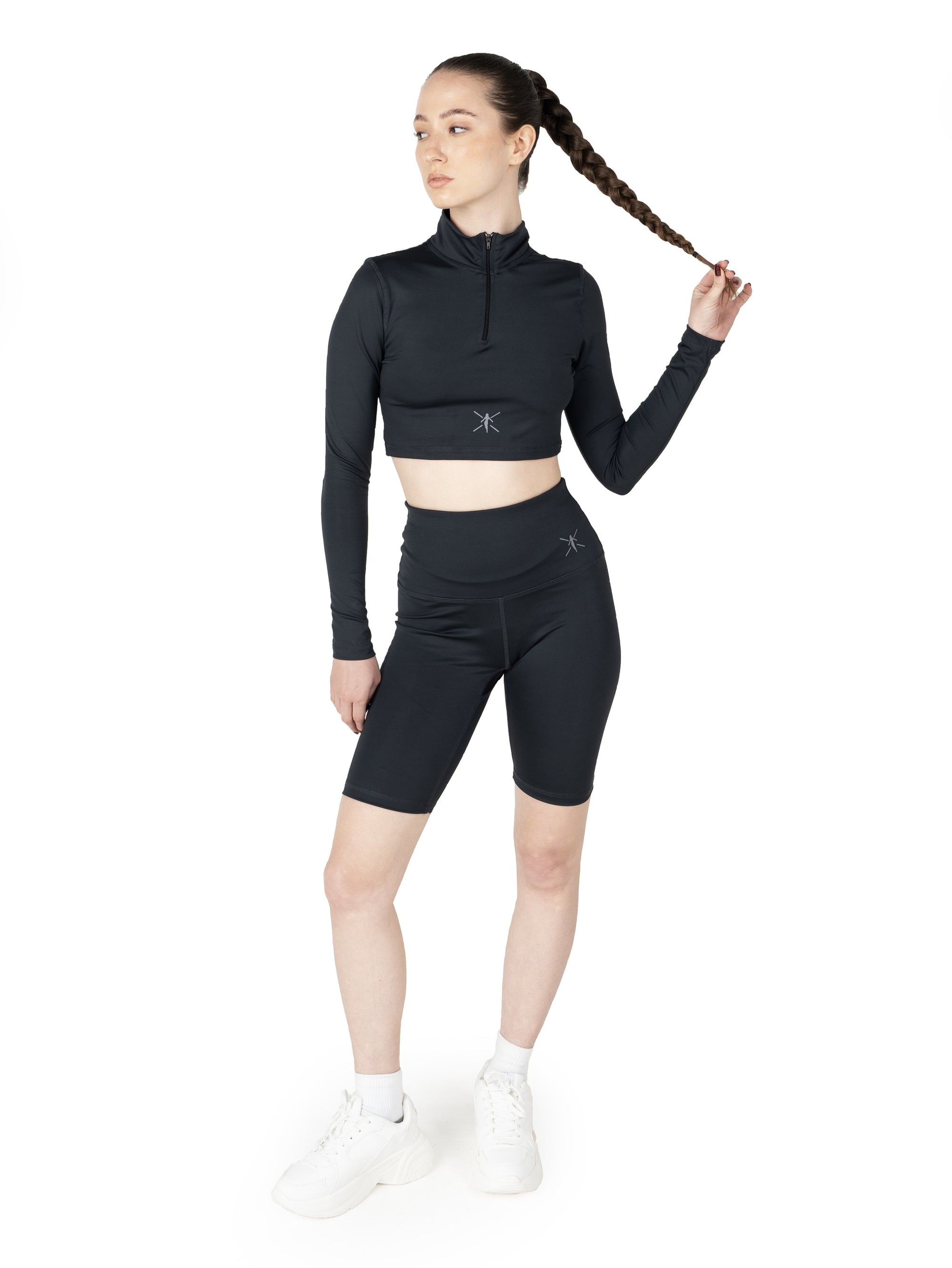 Coal Black Long Sleeve High Neck Zip Crop top &amp; Biker Shorts Co Ord Set