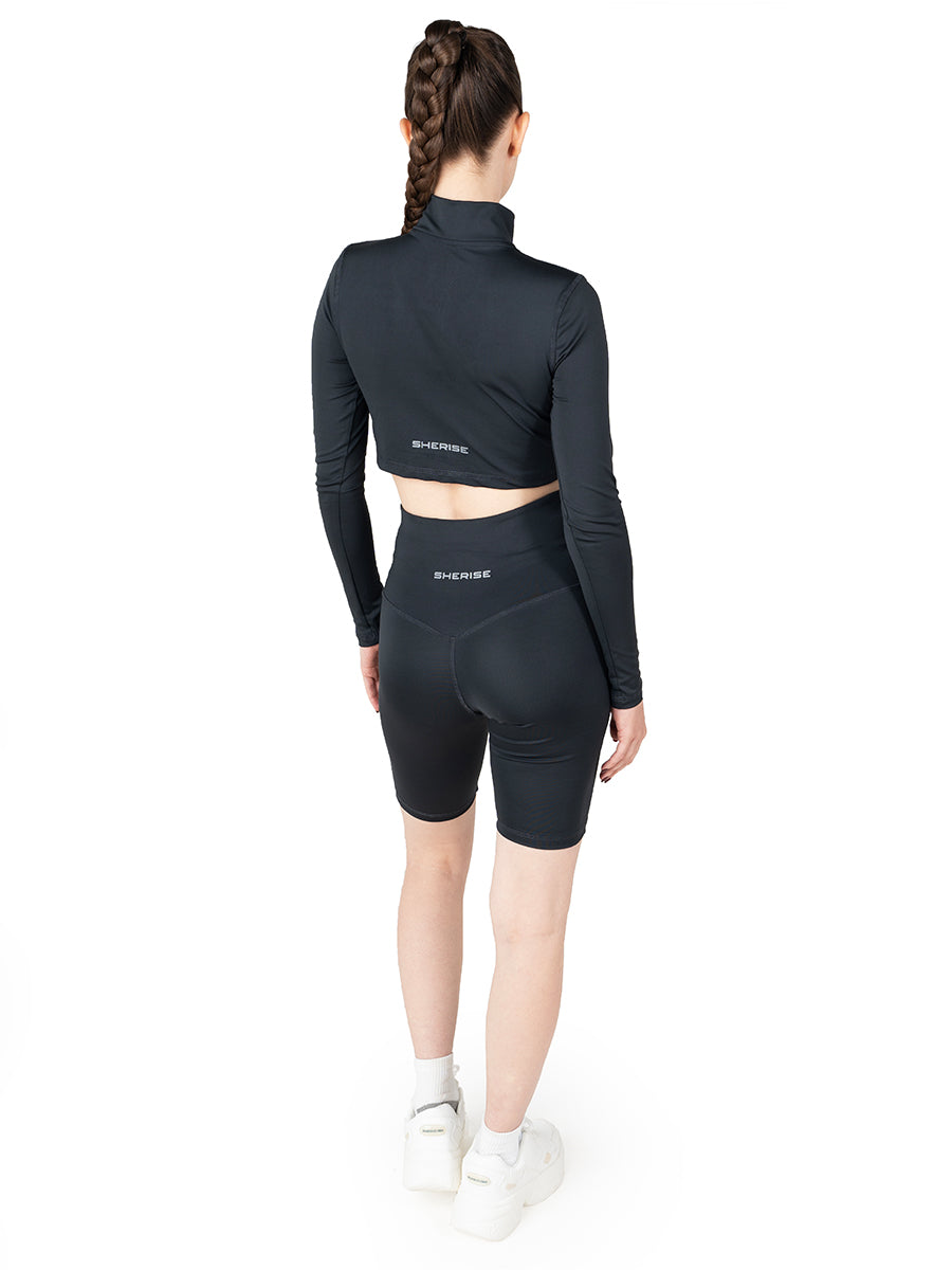 Coal Black Long Sleeve High Neck Zip Crop top